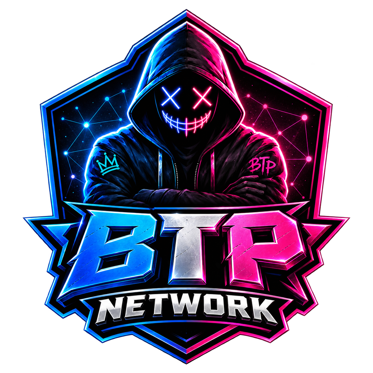 BTP Network — blue and pink hooded gaming crest